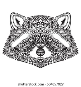 Hand drawn raccoon face in doodle ornate style. Vector animal illustration for tattoos, print, t-shirt design.