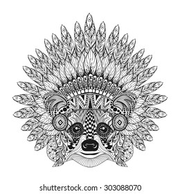 Raccoon de mano dibujada en capó de la guerra de Feathered en estilo zentangle, alta dirección detallada para el jefe indio. Espíritu boho americano. Dibujo manual de ilustración vectorial para tatuajes.