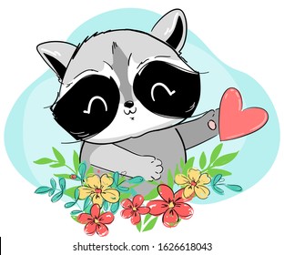 Hand drawn Raccoon and heart on a  flowers, blue background. Cartoon character vector illustration. Woodland cute animal. Design print.