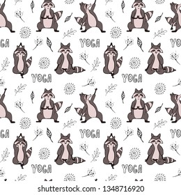 Hand drawn raccoon vector seamless pattern. Trendy graphic wallpaper, background, fabric and textile print design. Cute wildlife animal character in yoga asana.