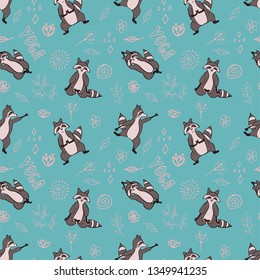 Hand drawn raccoon vector seamless pattern. Trendy graphic wallpaper, background, fabric and textile print design. Cute wildlife animal character in yoga asana.