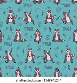 Hand drawn raccoon vector seamless pattern. Trendy graphic wallpaper, background, fabric and textile print design. Cute wildlife animal character in yoga asana.