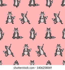 Hand drawn raccoon vector seamless pattern. Trendy graphic wallpaper, background, fabric and textile print design. Cute wildlife animal character in yoga asana.
