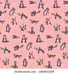 Hand drawn raccoon vector seamless pattern. Trendy graphic wallpaper, background, fabric and textile print design. Cute wildlife animal character in yoga asana on pink background.