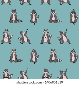 Hand drawn raccoon vector seamless pattern. Trendy graphic wallpaper, background, fabric and textile print design. Cute wildlife animal character in yoga asana on blue background.