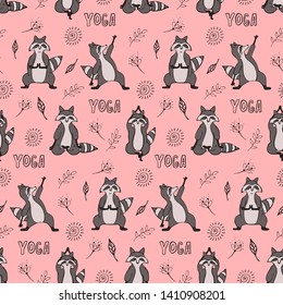 Hand drawn raccoon vector seamless pattern. Trendy graphic wallpaper, background, fabric and textile print design. Cute wildlife animal character in yoga asana.