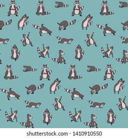 Hand drawn raccoon vector seamless pattern. Trendy graphic wallpaper, background, fabric and textile print design. Cute wildlife animal character in yoga asana.