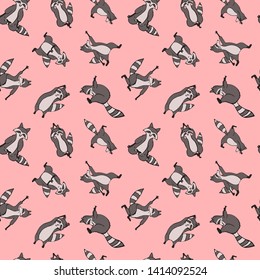 Hand drawn raccoon vector seamless pattern. Trendy graphic wallpaper, background, fabric and textile print design. Cute wildlife animal character in yoga asana.