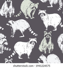 Hand drawn raccoons. Vector seamless pattern