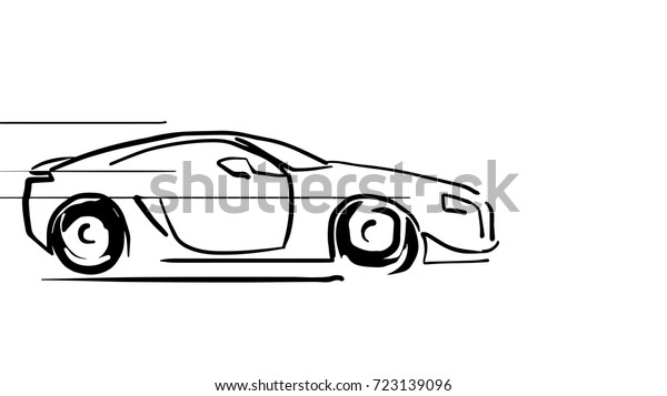 Hand\
drawn race car. The car rides fast black and white vector sketch,\
side view. isolated drawing on white\
background