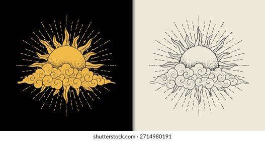 Dibujado a mano sol radiante con nubes y estrellas dispersas