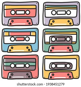 hand drawn radio cassette doodle set with icons and design elements