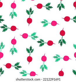 Hand drawn radish seamless pattern. Radish with leaves backdrop. Vegetarian healthy food backdrop. Design for fabric, textile print, wrapping paper. Vector illustration