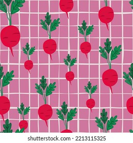 Hand drawn radish seamless pattern. Radish with leaves backdrop. Vegetarian healthy food backdrop. Design for fabric, textile print, wrapping paper. Vector illustration