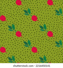 Patrón sin fisuras de rábano dibujado a mano. Radish con hojas de fondo. Fondo vegetariano de alimentos saludables. Diseño para tela, impresión textil, papel envolvente. Ilustración del vector