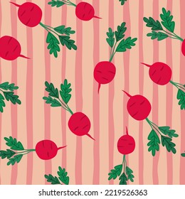 Hand drawn radish seamless pattern. Radish with leaves backdrop. Vegetarian healthy food backdrop. Design for fabric, textile print, wrapping paper. Vector illustration