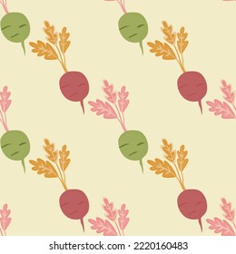 Hand drawn radish seamless pattern. Radish with leaves backdrop. Vegetarian healthy food backdrop. Design for fabric, textile print, wrapping paper. Vector illustration