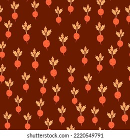 Patrón sin fisuras de rábano dibujado a mano. Radish con hojas de fondo. Fondo vegetariano de alimentos saludables. Diseño para tela, impresión textil, papel envolvente. Ilustración del vector
