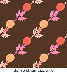 Hand drawn radish seamless pattern. Radish with leaves backdrop. Vegetarian healthy food backdrop. Design for fabric, textile print, wrapping paper. Vector illustration