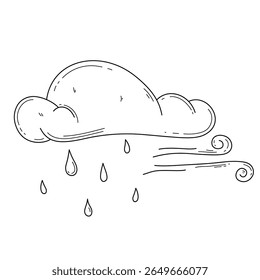 Nuvem de chuva desenhada à mão e rajada de vento. Ilustração de vetor de estilo Doodle em plano de fundo branco. Elemento de design de traçado editável