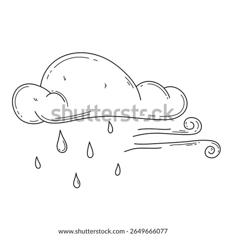 Hand drawn rain cloud and gust of wind. Doodle style vector illustration on white background. Editable stroke design element