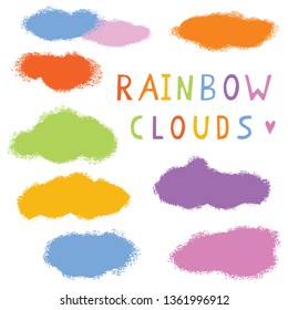 Hand drawn rainbow cloud vector illustration. Fluffy multicolor texture silhouette collection with text. Sketchy gay friendly lgbtq symbol. Cloudy kids clip art elements and lettering. Equality sign.