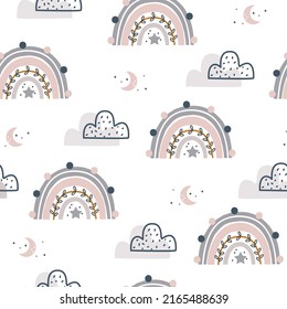 hand drawn rainbow and clouds in Boho style. Seamless pattern with cute rainbow and clouds. design for background, wallpaper, wrapping, fabric, apparel and all your creative projects.