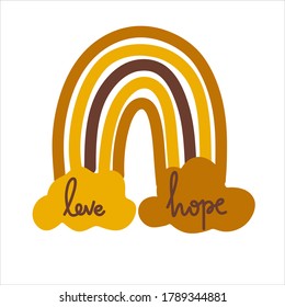 Arcoíris dibujados a mano con nubes en color miel, amarillo y marrón, elemento aislado sobre fondo blanco; diseño de arte infantil, para afiches, ropa, decoración doméstica, ilustración vectorial