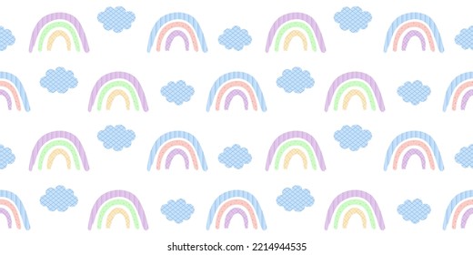 Arcoíris dibujados a mano y nubes con textura sobre fondo blanco. Una textura interminable. Patrón de vectores sin fisuras para papel de pared, textura de superficie, cubierta, papel de envoltura, embalaje, envoltura, impresión