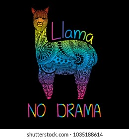 Hand drawn rainbow color typography slogan ’Llama no drama’ under cute doodle llama or alpaca,vector illustration for t shirt printing and embroidery and printed tee