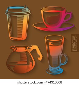 Hand drawn rainbow colorful coffee theme illustrations isolated on white background. RGB EPS 10 vector elements set