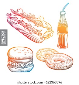 Hand drawn rainbow colorful fast food vintage illustrations set on white background. Cola, burger, hot dog and donuts. RGB EPS 10 vector icons set