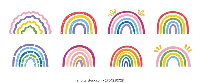 Hand drawn rainbow doodle set colorful line art design. Vector illustration