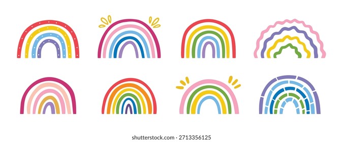 Hand drawn rainbow doodle set colorful line art design. Vector illustration