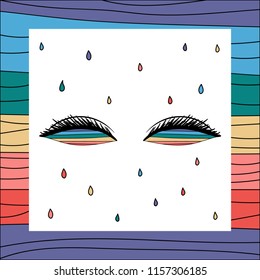Hand Drawn rainbow eye under color rain in rainbow line flag frame card. Illustrations Drawing Vector Sketch for textile, print, postcard, text, invitation, poster, background, book, t-shirt