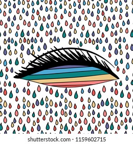 Hand Drawn  rainbow eye under color rain Doodle card. Illustrations Drawing Vector Sketch for textile, print, postcard, poster, background, book, t-shirt, wallpaper