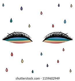 Hand Drawn rainbow eye under color rain card. Illustrations Drawing Vector Sketch for textile, print, postcard, text, invitation, poster, background, book, t-shirt, wallpaper