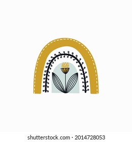 Hand drawn rainbow with flower in the middle. Vector flat illustration isolated on white background. Cartoon image for stickers, posters, postcards, t-shirt design.