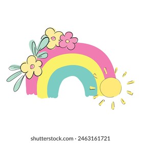 Hand Drawn Rainbow and flowers, sun Vector Illustration, Summer Trend Print Design