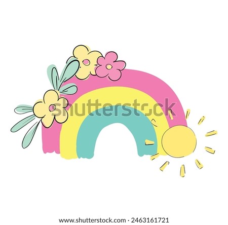 Hand Drawn Rainbow and flowers, sun Vector Illustration, Summer Trend Print Design