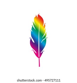 Hand drawn rainbow gradient feather isolated on white background.