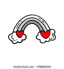 Hand drawn rainbow with hearts and clouds in doodle style. Valentine's day. Sketch illustration for print, web, mobile and infographics isolated on white background. Outline vector illustration.