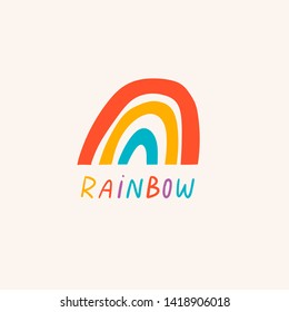 Hand drawn rainbow logo. Children's drawings style. Flat design. Vector colored trendy illustration for kids. Cartoon minimalistic style. Flat design