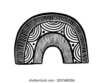 Hand drawn rainbow with patterns. Black object on white background. Vector illustration.