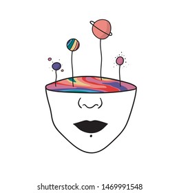 Hand Drawn rainbow planets in the space. Illustration girl with colorful inside of face. Drawing Vector Sketch for textile, print, postcard, text, invitation, poster, t-shirt, design, logo.