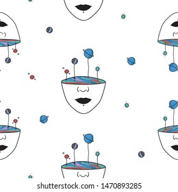 Hand Drawn rainbow planets in the space. Illustration girl with colorful inside seamless pattern. Drawing Vector Sketch for textile, print, postcard, text, invitation, poster, t-shirt, design, logo.
