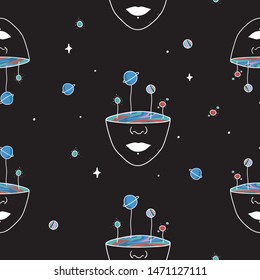 Hand Drawn rainbow planets in the space. Illustration girl with colorful inside seamless pattern. Drawing Vector Sketch for textile, print, postcard, text, invitation, poster, t-shirt, design, logo.
