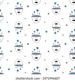 Hand Drawn rainbow planets in the space. Illustration girl with colorful inside seamless pattern. Drawing Vector Sketch for textile, print, postcard, text, invitation, poster, t-shirt, design, logo.