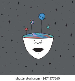 Hand Drawn rainbow planets in space. Illustration girl with lgbt color inside. Drawing Vector Sketch for textile, print, postcard, text, invitation, poster, t-shirt, design, logo.