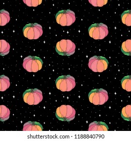 Hand Drawn rainbow pumpkin in space doodle pattern. Illustrations Drawing Vector Sketch for textile, print, postcard, text, invitation, poster